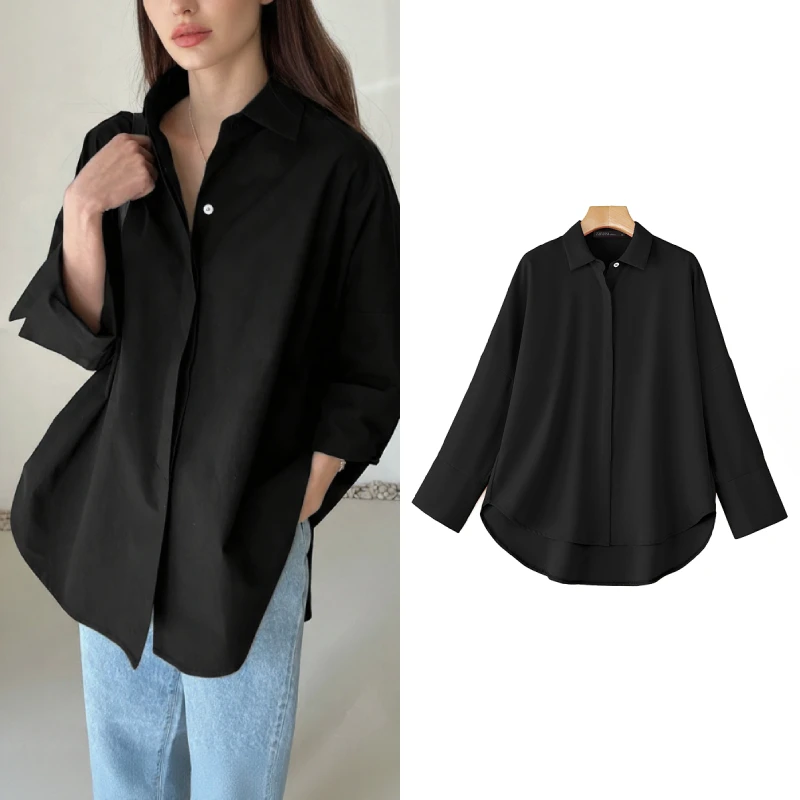 Camisa Feminina ZANZEA Oversized Preta com Gola Dobrável, Manga Longa e Botões, Blusa Feminina de Caimento Assimétrico, Coleção Primavera 2026, Estilo Streetwear