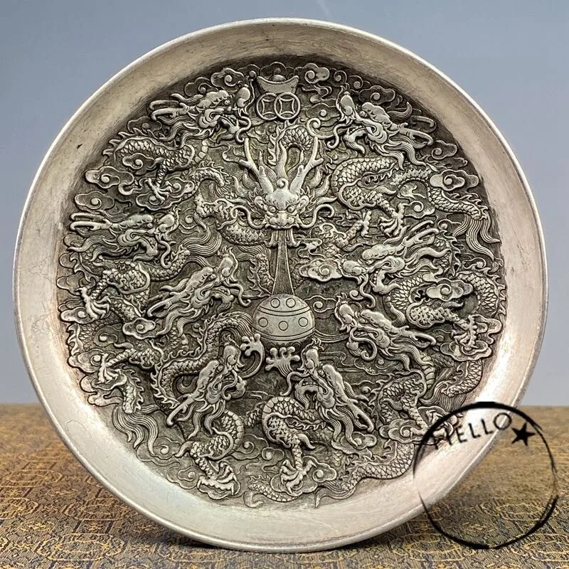 Antique and old Kangxi-made Kowloon Play Beads Antique Old Plate Longsheng Jiuzi Copper Silver-plated Antique Feng Shui Plate