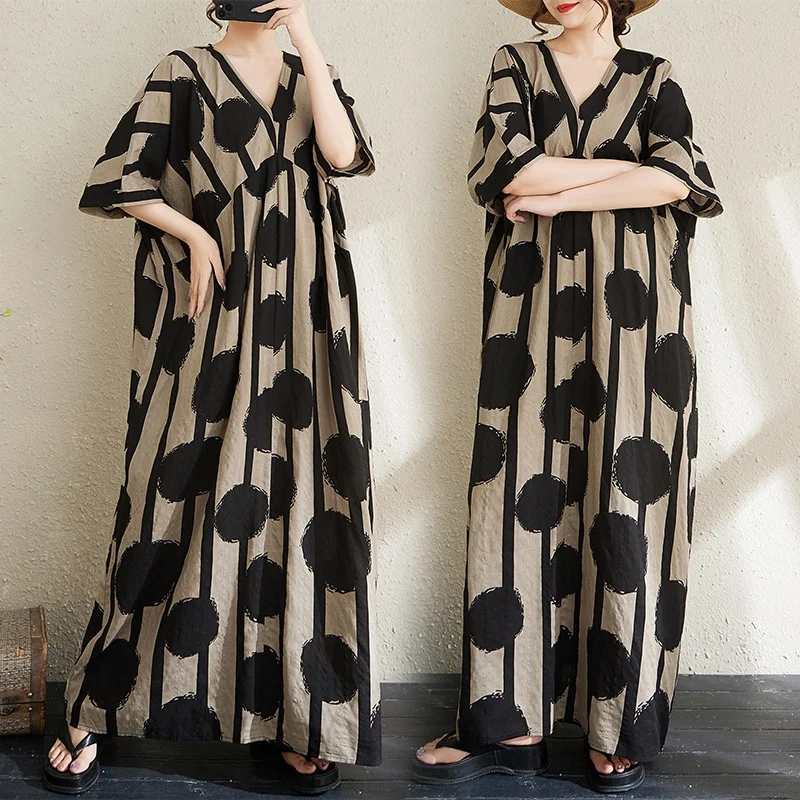 

plus Size V-Neck Short Sleeve Cotton Linen Print Loose Slimming Summer Dress Women's Casual Comfortable Breathable Long Dress