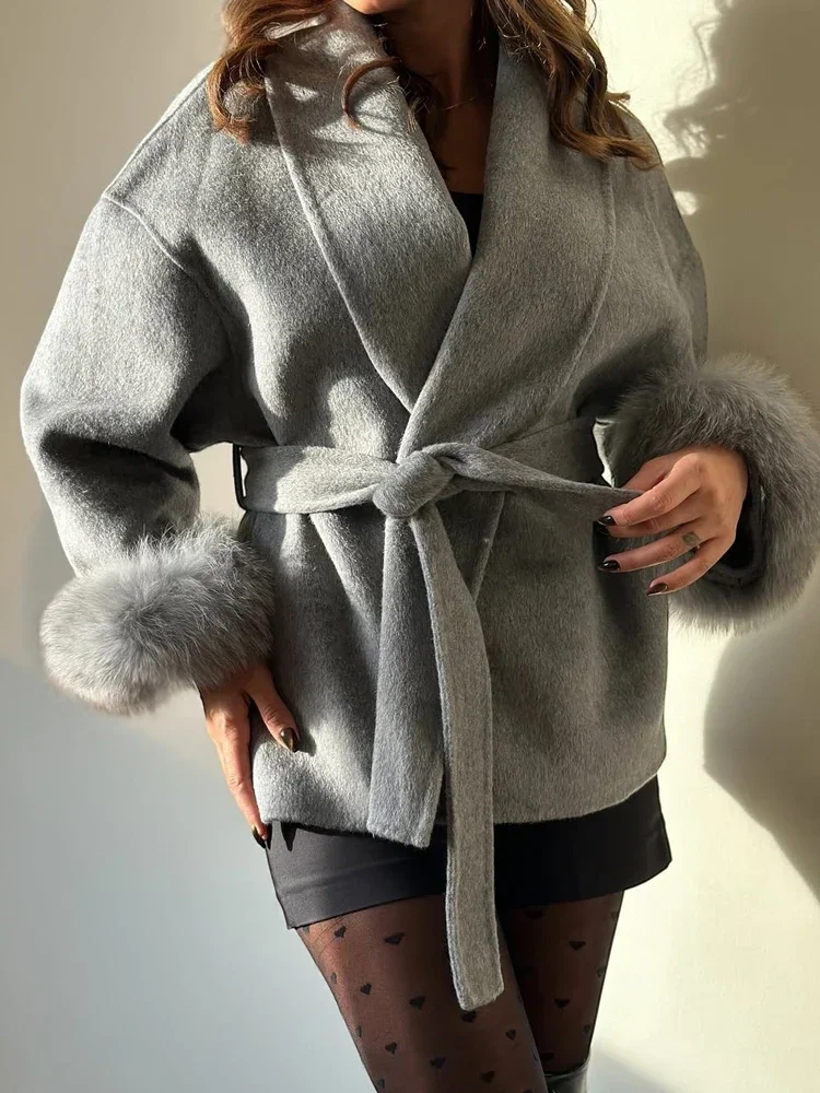 TARUXY Fuchspelz Wolllange Mäntel Damen Bürodame Abnehmbarer eleganter Mantel Doppelseitiger Wollmantel 2025, neue Strickjacke