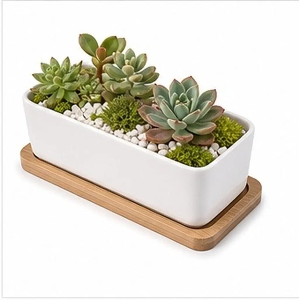 1Set Ceramic Bamboo Flower Pot Set Oblong Shape Sturdy Eco Friendly Planter for Succulents Bonsai Office Garden