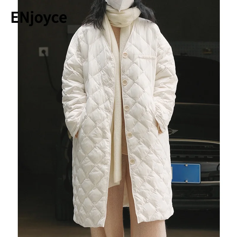 

Winter Women Light Oversized White Duck Down Coat Japanese Loose V-neck Single Breasted Parka Jacket Warm Outerwear Tops