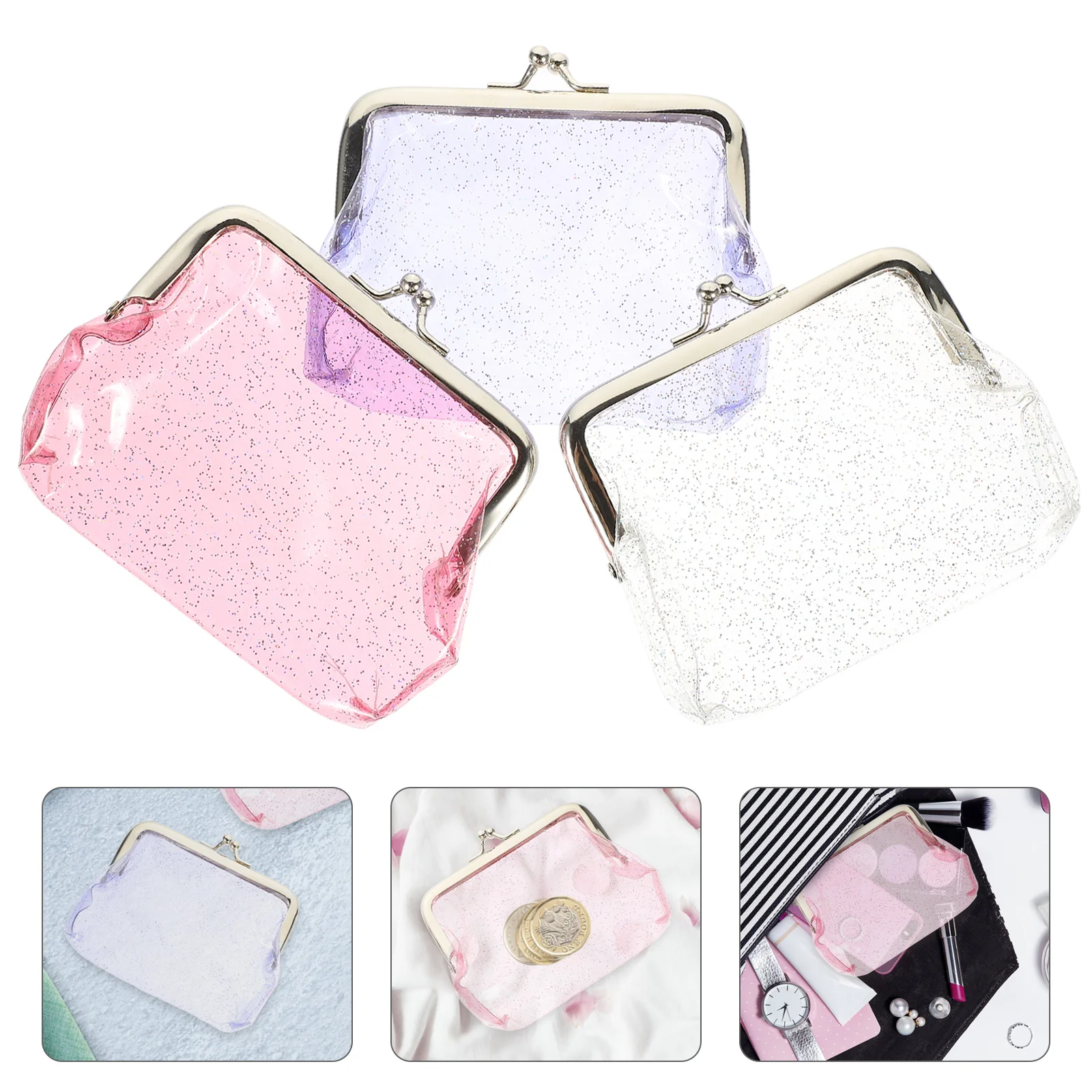 

3 Pcs Transparent Coin Purse Ladies Wallet Bag PVC Change for Coins Beaded Small Pouch Portable Clear Kids Travel