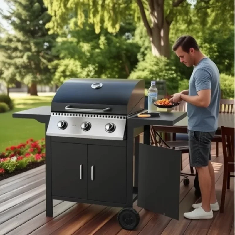

Manufacturer multi-functional barbecue grill gas stove bbq hotel dinner storage barbecue grill, three burner stainless steel