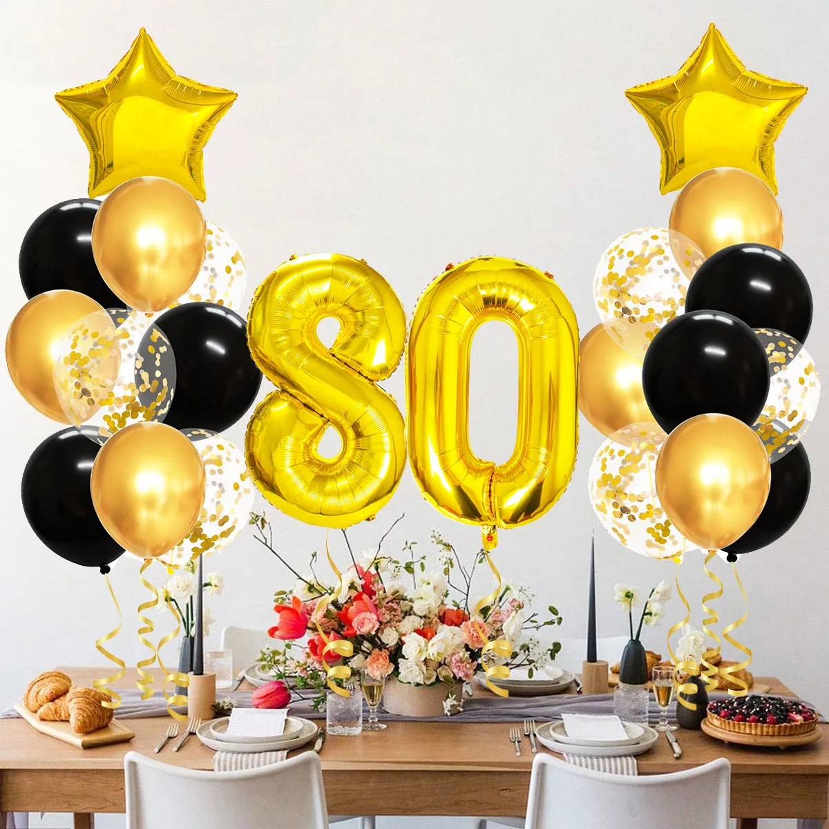 25pcs Gold Black Mixed Balloons, 80th Birthday Party Decorations, 80 Years Old Man Woman Birthday Decor