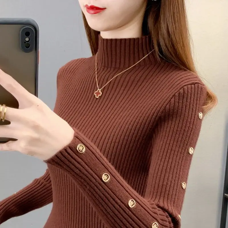 Fashion Turtleneck Button Solid Color All-match Sweater Women\'s Clothing 2022 Autumn New Casual Pullovers Loose Korean Tops