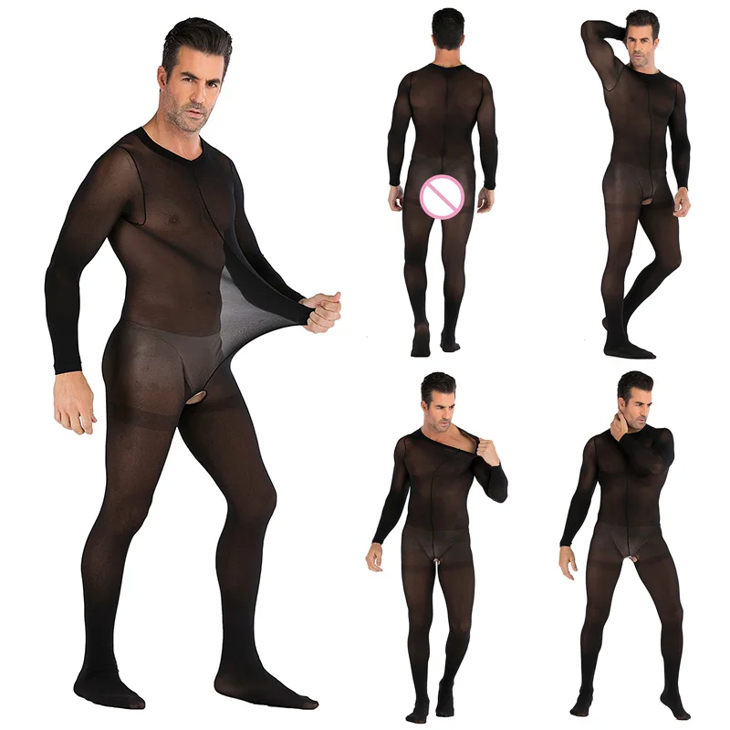 Men's Jumpsuit Solid Color Round Neck Long Sleeve Nightclub Sexy Pajamas Breathabe Underwear Super Elasticity Thin Lingerie