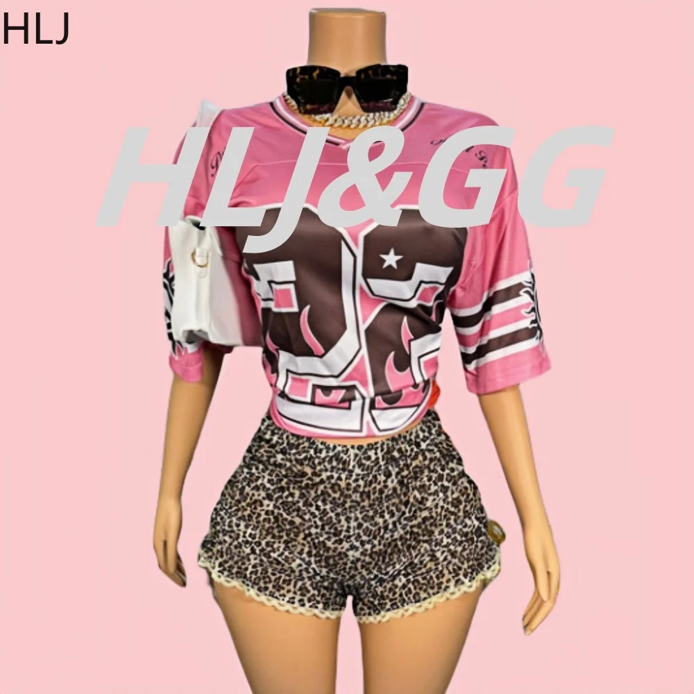 HLJ Pink Fashion Y2K Letter Print Basketball Tshirts Two Piece Sets Women V Neck Loose Top And Leopard Ruched Shorts Outfit 2025