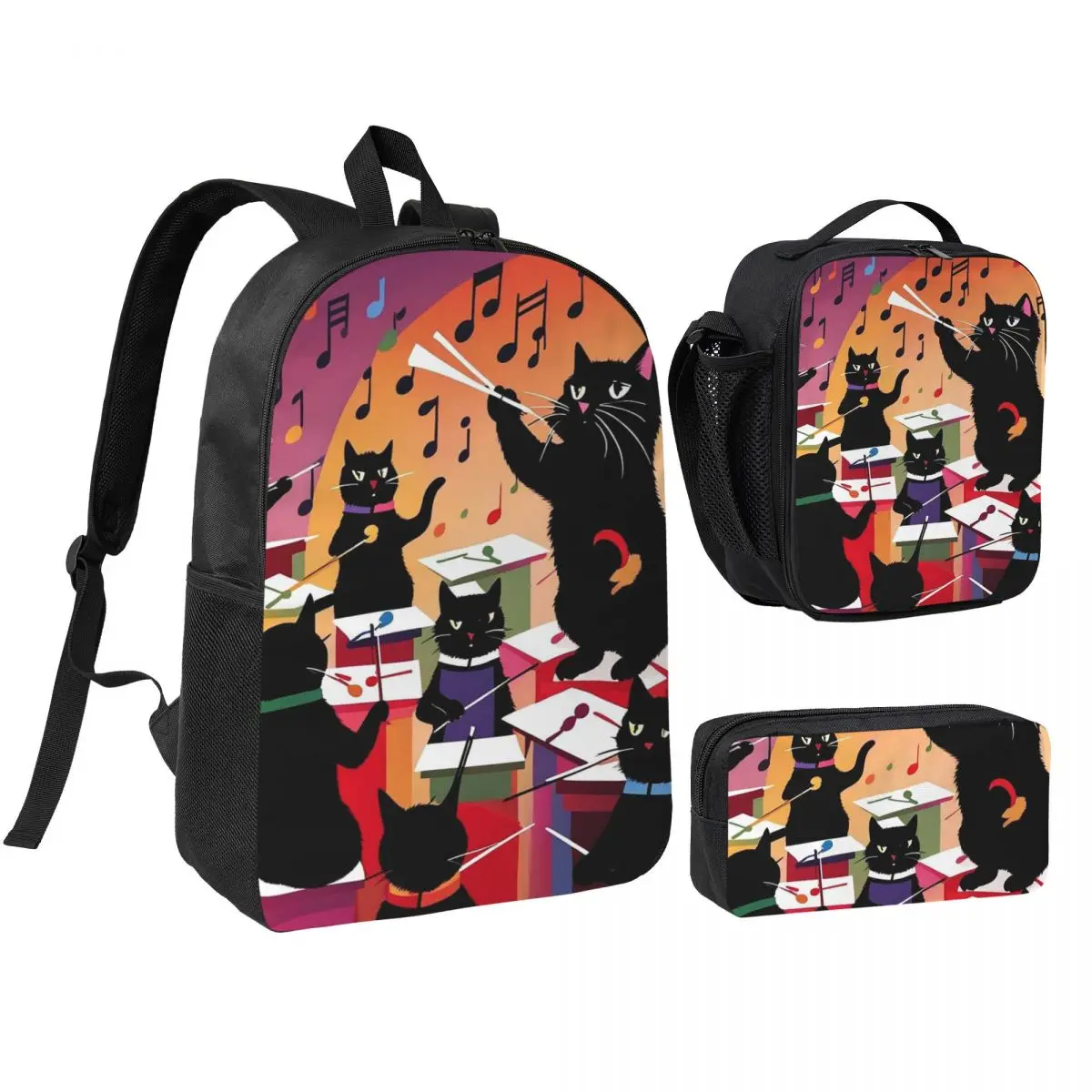 Cat Orchestra Kitten And Music Design Backpack Boys Girls BookBag School Bag Shoulder Bags 3ps Insulated Lunch Bag Pencil Case