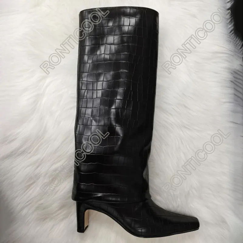 Ronticool Women Winter Italian Style Knee Boots Stone Pattern Block Heel Square Toe Catwalk Shoes Plus US Size 5-13