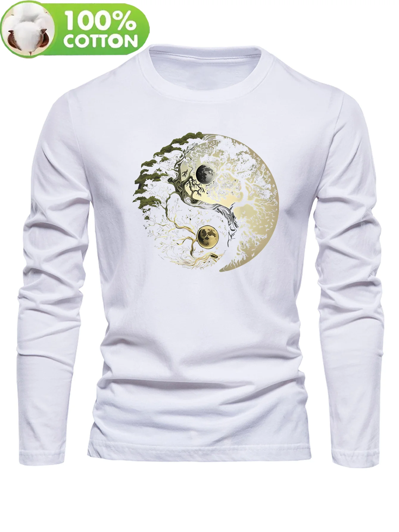 Men's Loose Oversized Long Sleeve T-Shirt round Neck 100% Cotton Black Kitten Print Olive Autumn Winter Comfortable Fit Tee