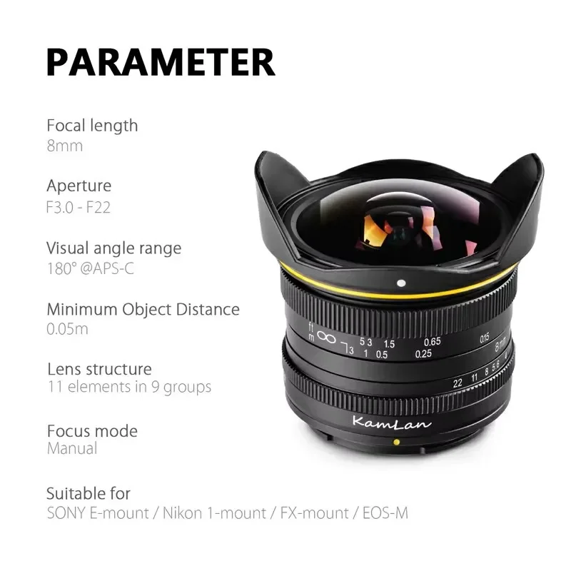 

Kamlan 8mm F3.0 APS-C Wide-angle fixed focus Pure Manual lens Mirrorless Camera lens for Canon Fuji Macro 4/3