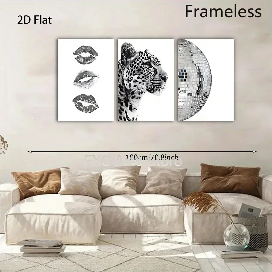 3pcs frameless -2D Flat, Set of 3 Modern Vertical  Canvas Prints - Black & White Leopard Face Wall Art Suitable for H