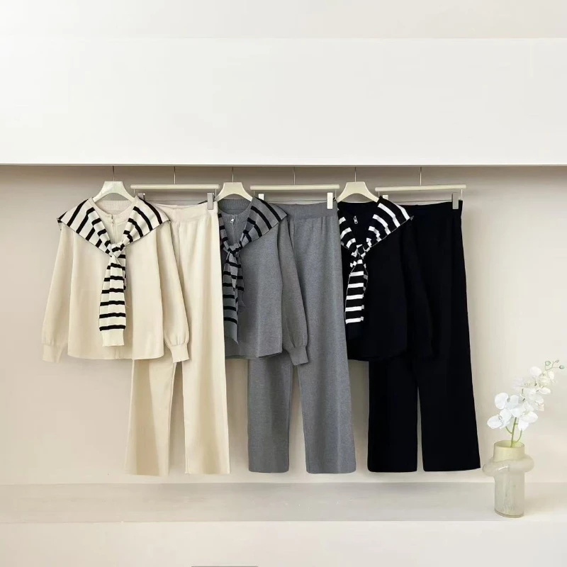 

2025 new women's European style fashion casual age reducing shawl jacket wide leg pants knitted elegant two-piece set