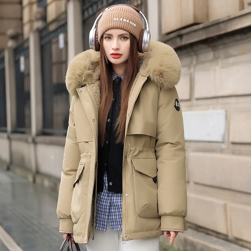 

Plus velvet Thicken Women Parkas Fashion New Winter Cotton Padded Jackets Slim Hooded Big Fur Collar Puffy Coats Female Outwear