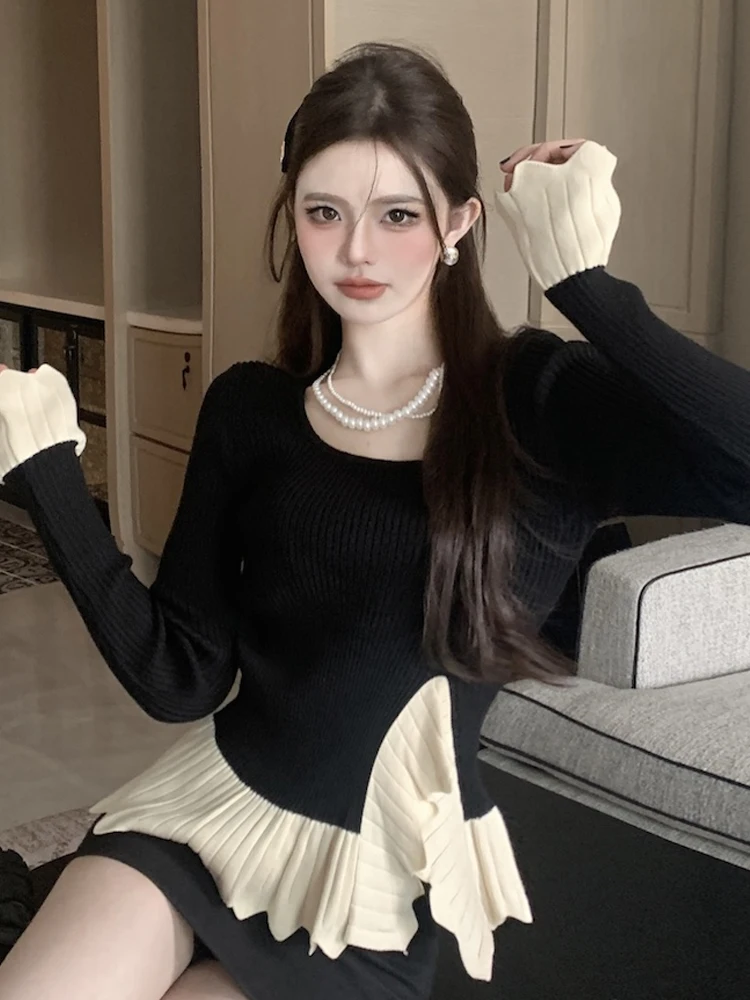 

Korean Sle round Ne Bell Sve Color Blo Knitwear Slim Fit Long Sve Top Women Faionable Pure Desire Personali L...