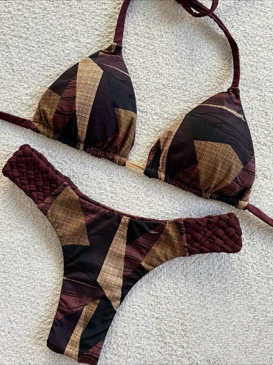 2025 جديد النسيج مجموعة البكيني المرأة طباعة 2 قطعة ملابس السباحة المرأة مثير الحمالات عارية الذراعين عطلة الشاطئ ثوب السباحة ملابس السباحة