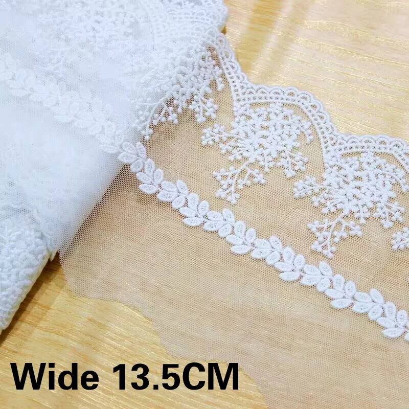 13.5CM Wide White And Apricot Color Mesh Material Cotton Embroidered Flowers Lace Trimmings Garment  DIY Sewing Accessories