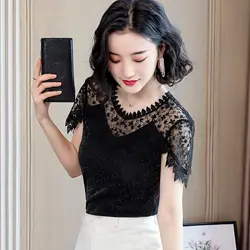 Summer All-match Lace Solid Color Solid Color Short Sleeve T-Shirt Ladies Fashion Patchwork Pullover Top Tee Women Clothes Slim