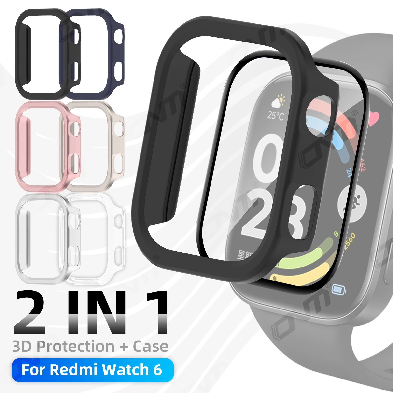 

2-IN-1 Glass+Case for Xiaomi Redmi Watch 6, Screen Protector Tempered Glass & Bumper PC Hard Protective Cover Accessories