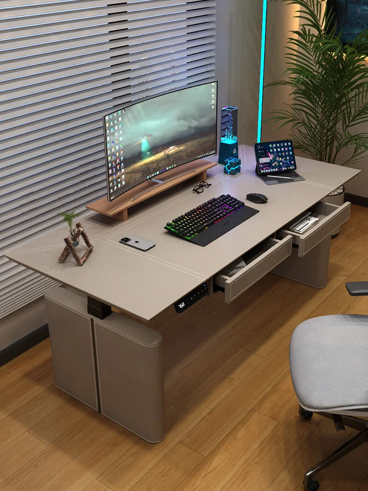 

Electric Lifting Computer Desk Home Desktop Standing Home Saddle Leather Desk