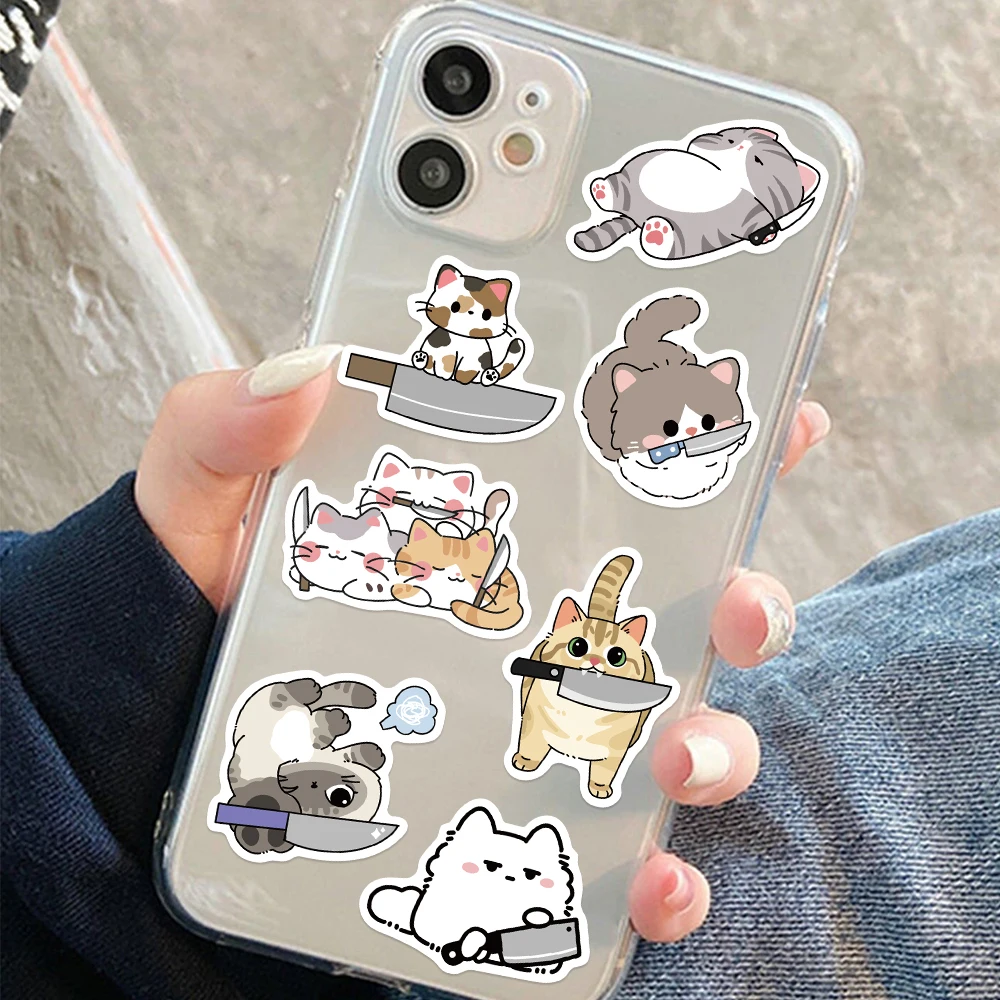 50 stks Cartoon Leuke Kat Met Mes Stickers Decals Voor Telefoon Plakboek Koffer Skateboard Gitaar DIY Graffiti Esthetische Stickers