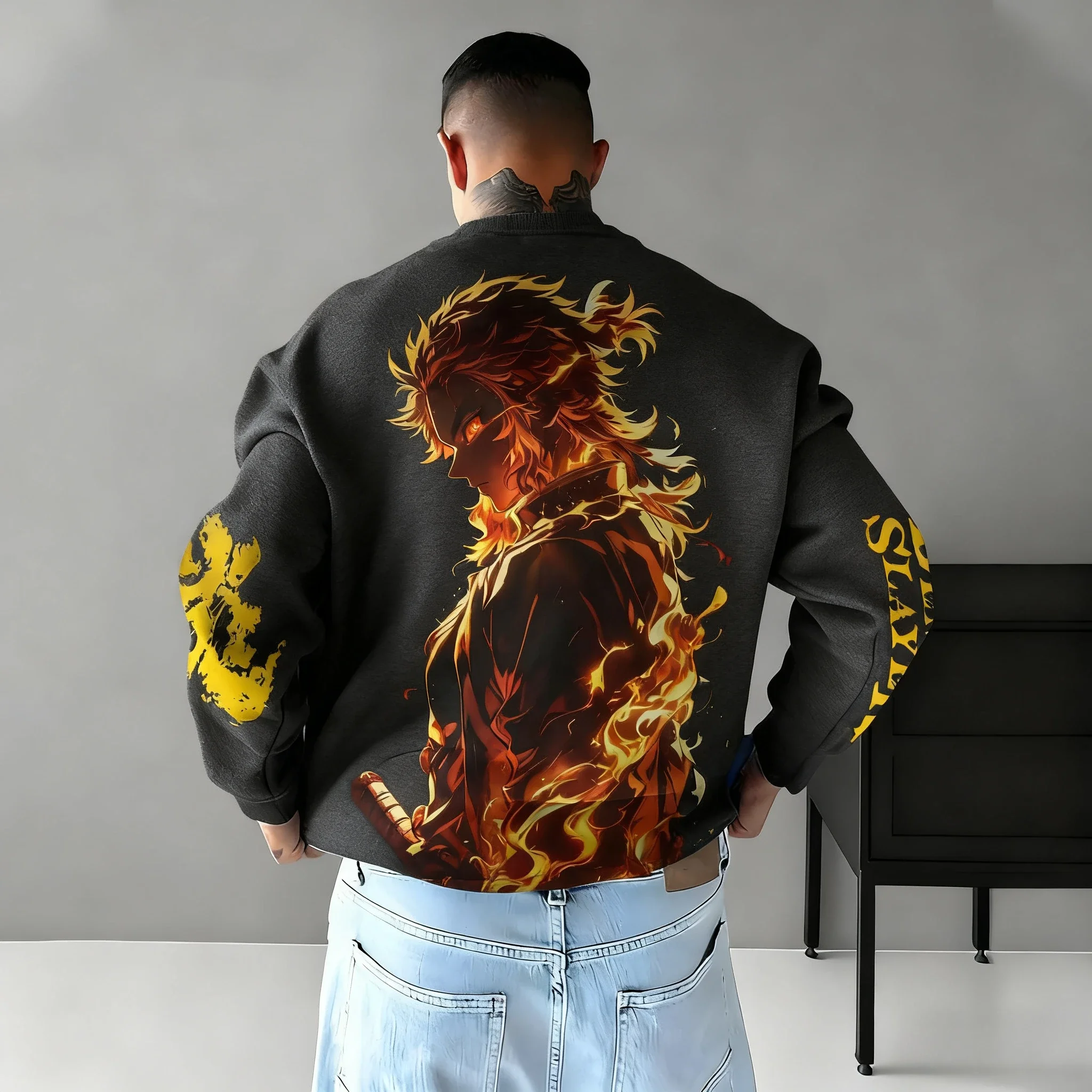 Sweat à capuche sans tête imprimé Demon Slayer Anime Rengoku Kyoujurou, automne/hiver 2026, pull ample à col rond pour hommes, Harajuku quotidien