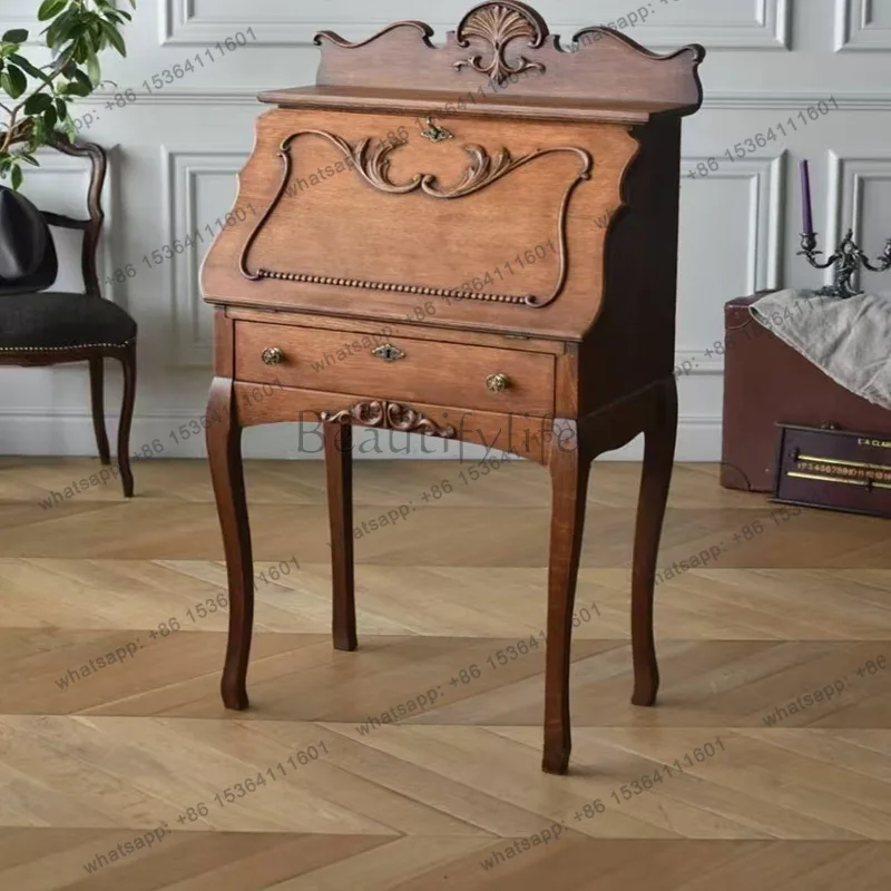 

French retro solid wood dresser villa antique carved bedroom flip makeup table