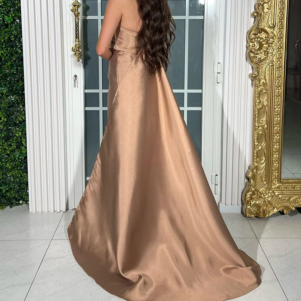 Customized Exquisite Pure Brown Satin Evening Dress Sparkly Crystal Sequined Modern Open Back and Sweetheart Elegant Party Gowns