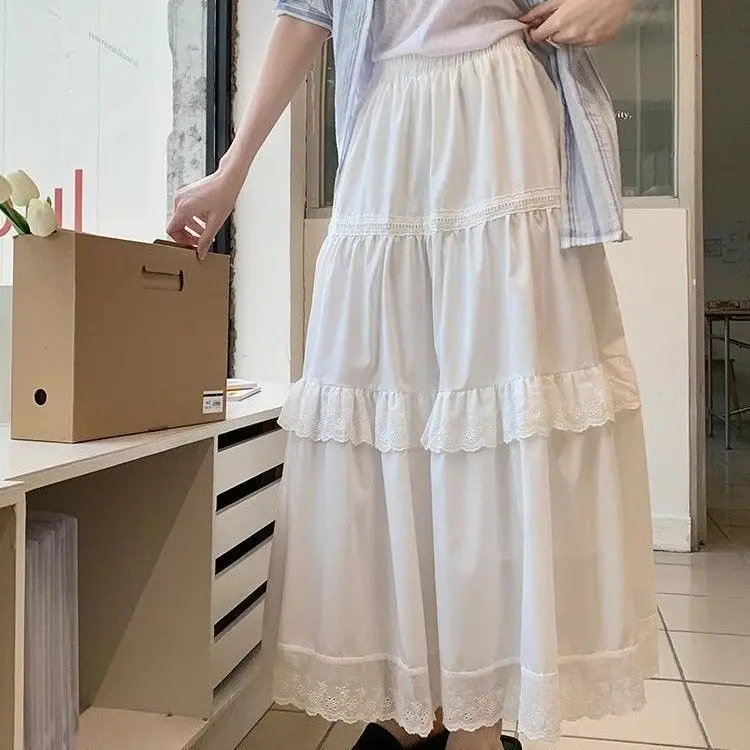 

Белая кружевная юбка А-силуэта с вырезами, универсальная многоярусная юбка на весну-лето, с высокой талией, из полиэфирного волокна