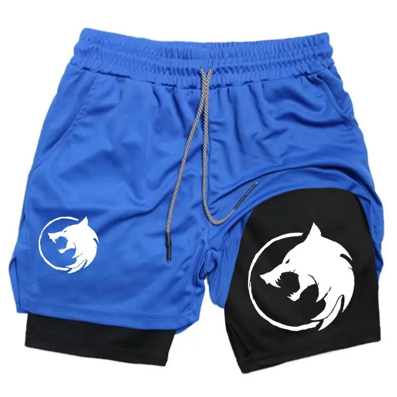 Men's Double-deck Short Gothic Wolf Print Summer Quick Drying Sports Fitness 2 in1 Joggers Beach Shorts
