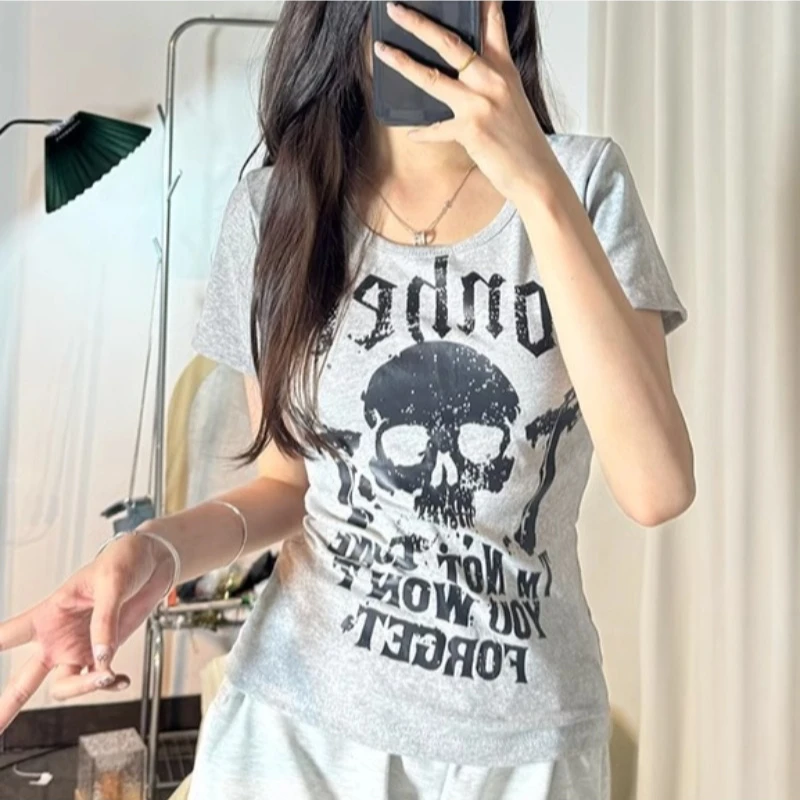 Women's T-shirt Short Sleeve Grey Summer Gothic Style Vintage T-shirts Skeleton Letter Print Punk Slim Top Trend Goth Tees Y2k