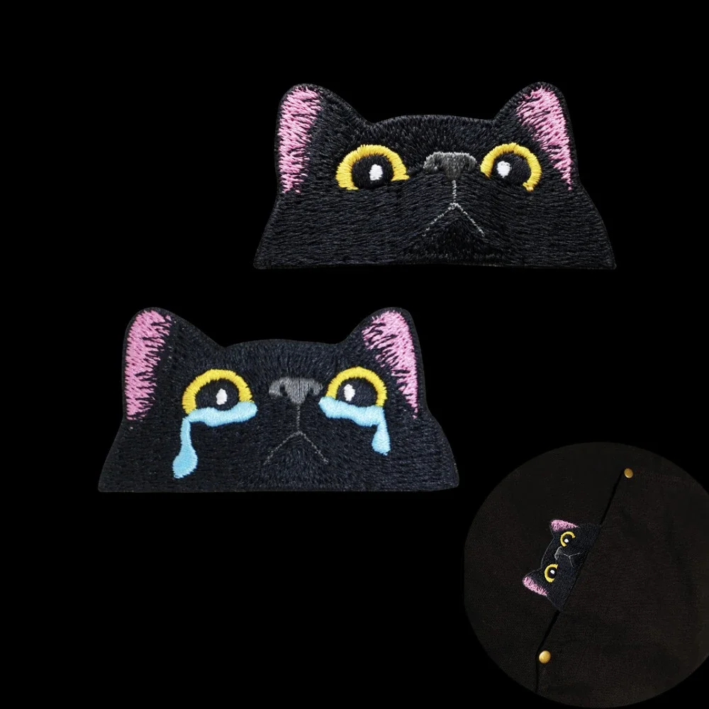 Funny Dark Ghost Cat Morale Badge Black Cat Expression Hook Loop Embroidery Armband Cute Panda Patch Backpack Tactical Stickers