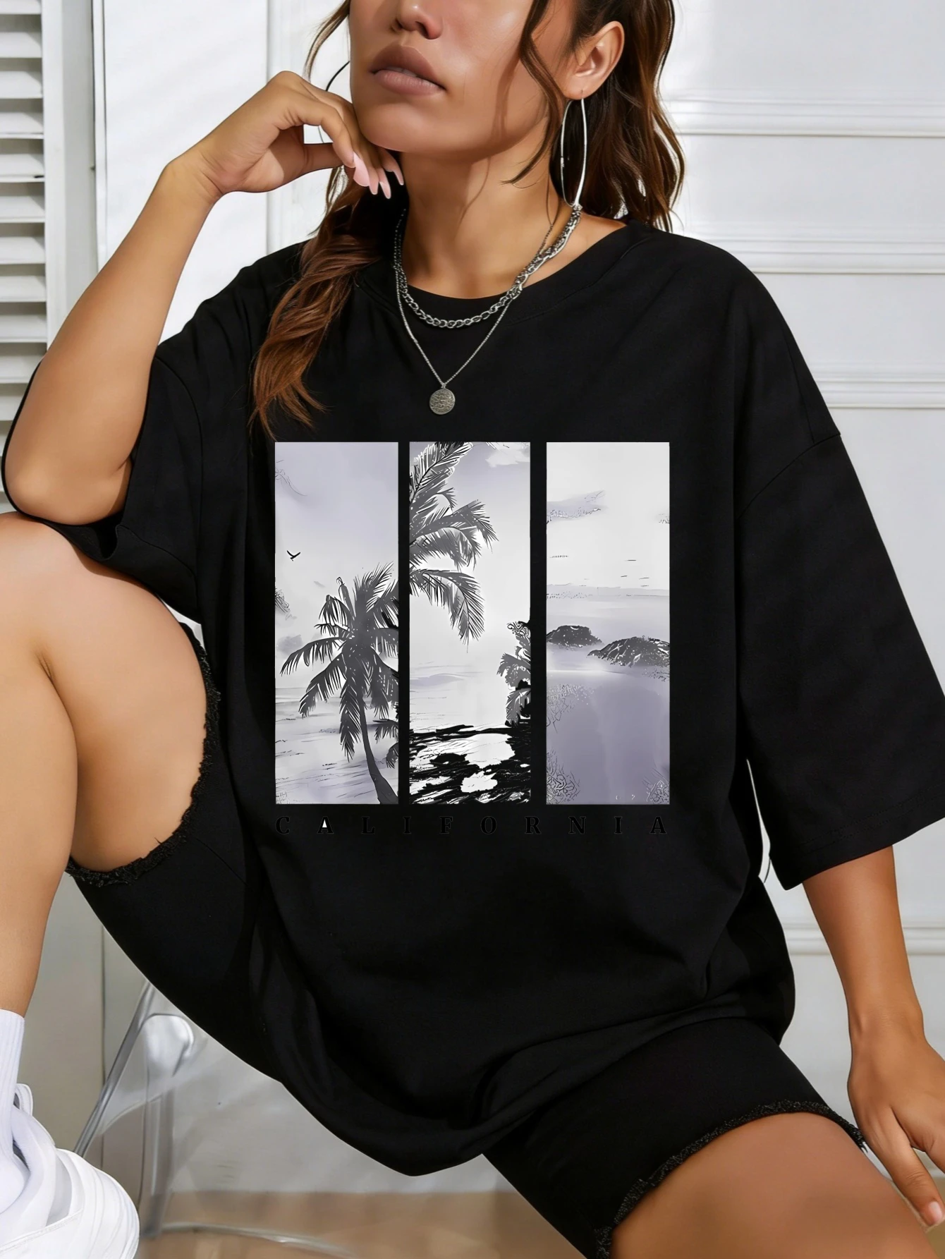 

Женская хлопковая футболка оверсайз с принтом тропических пальм, повседневная летняя футболка для пляжа, подарок для нее