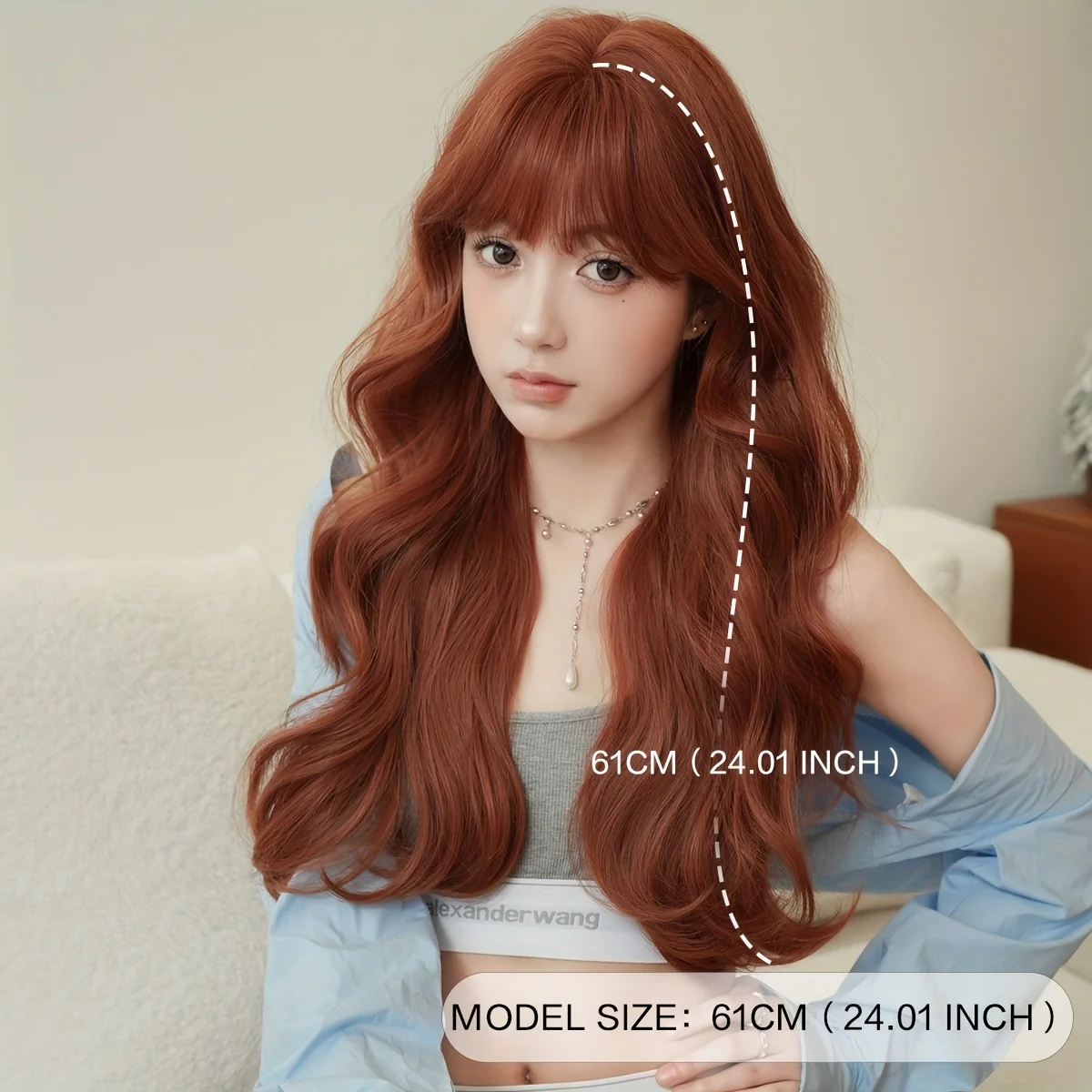 7JHH WIGS Long Water Wave Coppery Brown Wigs for Women Synthetic Modest Fashion Wear and Go Orange Wigs with Neat Bangs - view 3