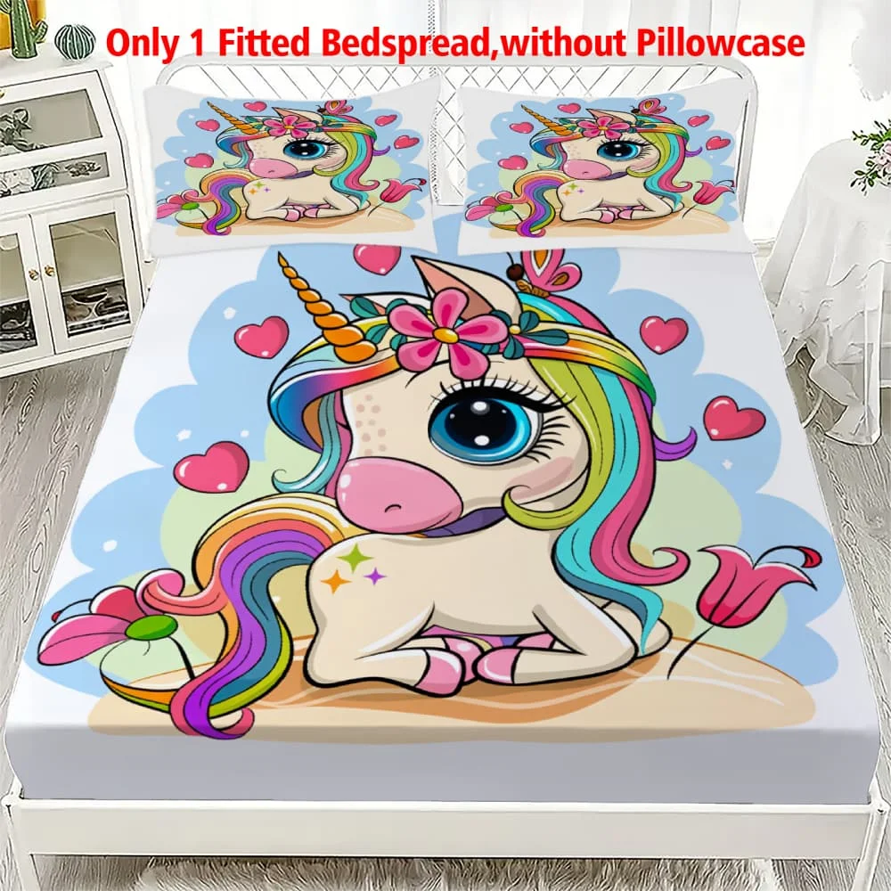 1pc Rainbow Mane Unicorn Flowers Print Fitted Sheet Deep Pocket Elastic Mattress Cover Single Double Queen King Bedroom Decor