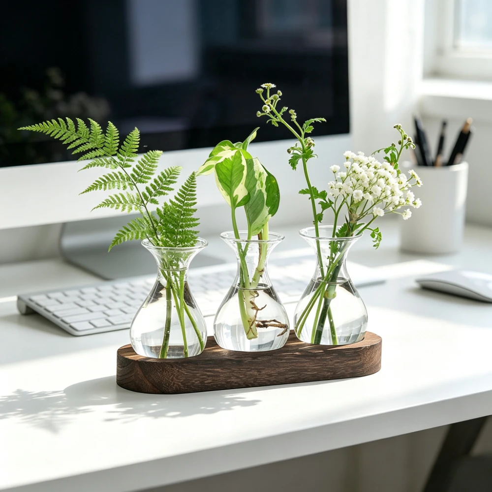 Modern Clear Glass Bud Vases with Wooden Tray Propagation Station for Hydroponic Plants Home Office Wedding Table Decor