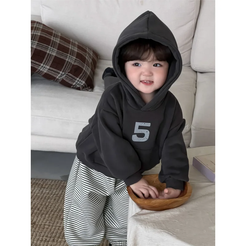 

Baby Clothes Autumn Winter Thickened Hooded Sweatshirt Set Children's Clothing Boys Striped Sweatpants Fleece Two-Piece Set