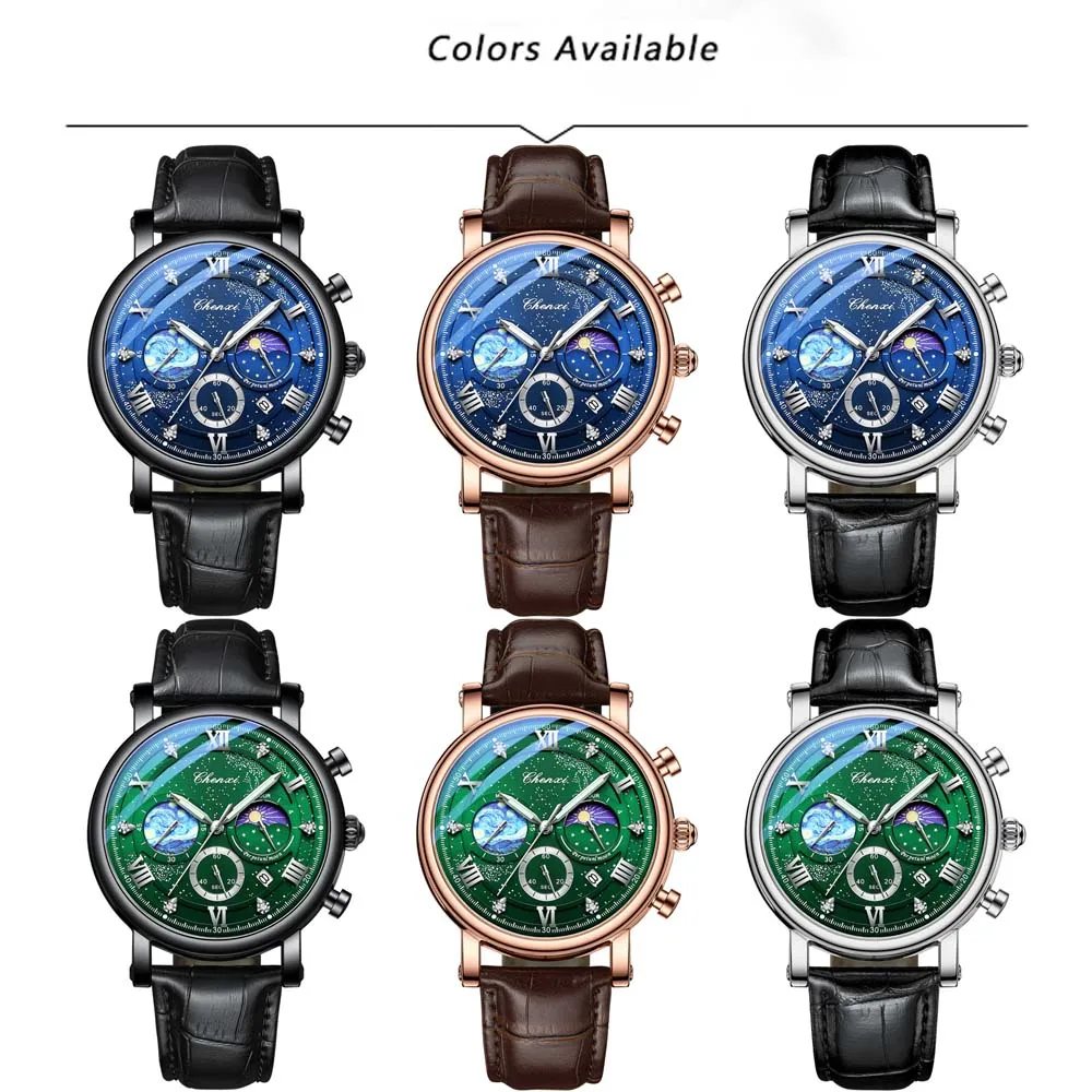 CHENXI 新しい男の腕時計多機能クロノグラフムーンフェイズ日付クォーツ時計スカイダイヤルレザーストラップ腕時計リロイ Hombre