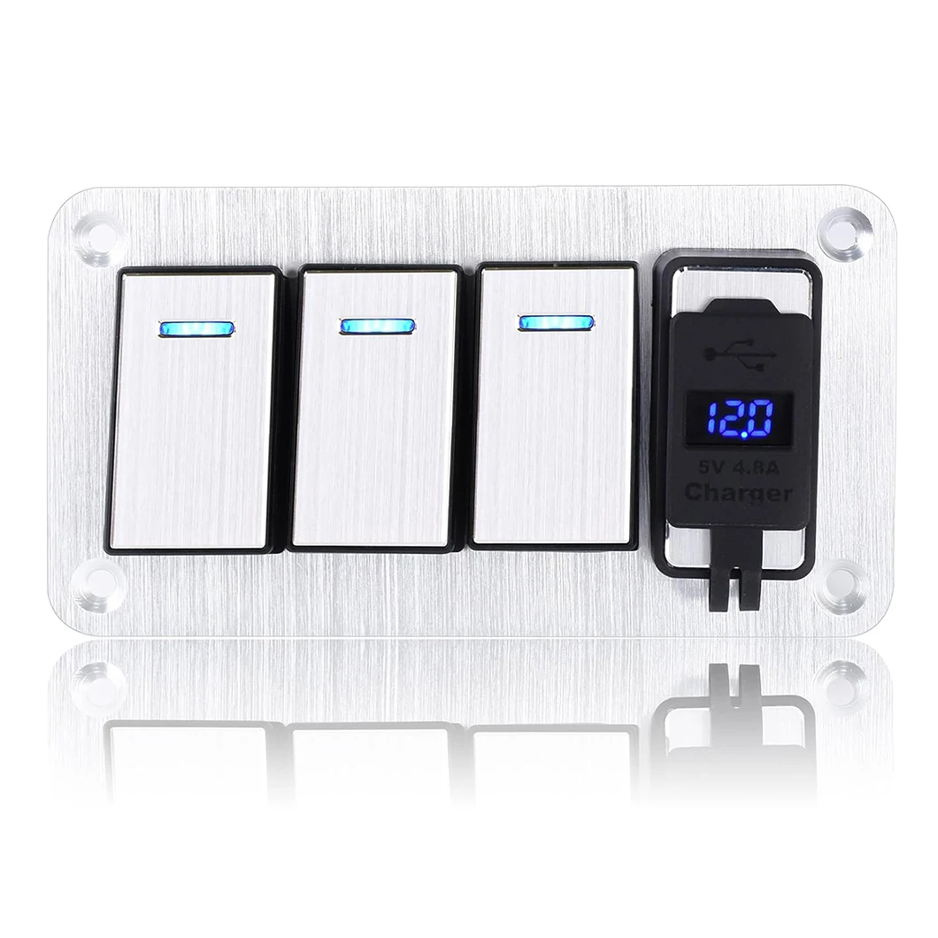 4 عصابة الألومنيوم لوحة التبديل الروك مع 4.8 أمبير شاحن USB مزدوج تيار مستمر الروك التبديل للسيارات قوارب RVs الفضة