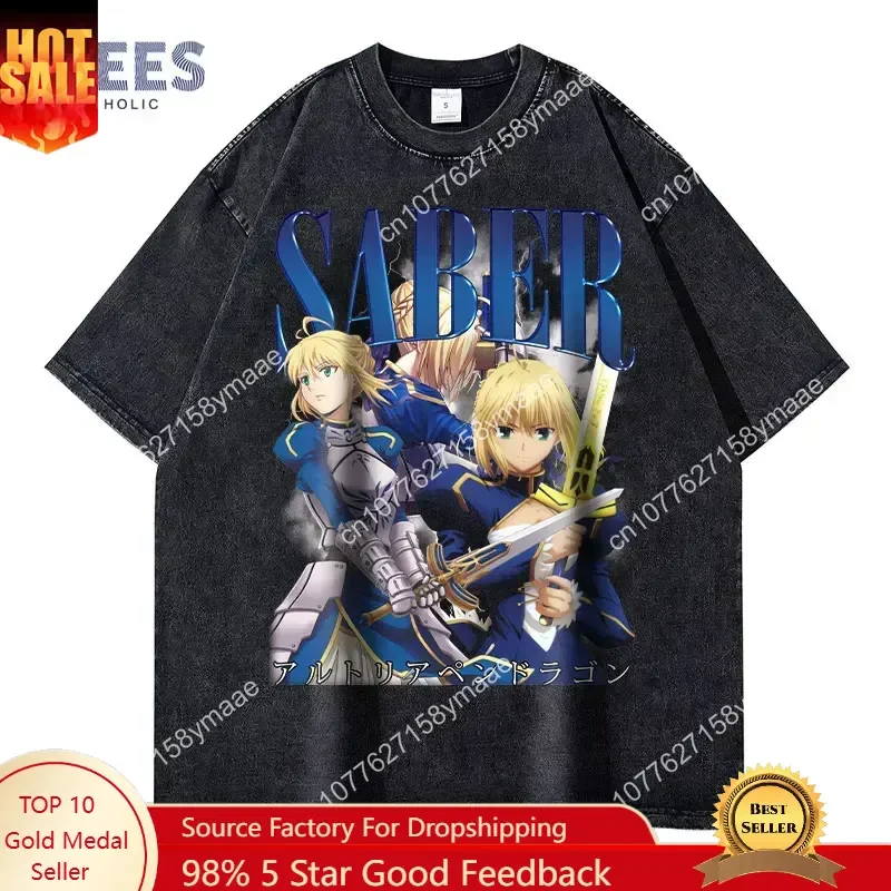 

Saber T-shirts Vintage Washed Anime T Shirt Oversized Streetwear Harajuku Short Sleeve Retro Manga FGO Tops Tees Men 100% Cotton