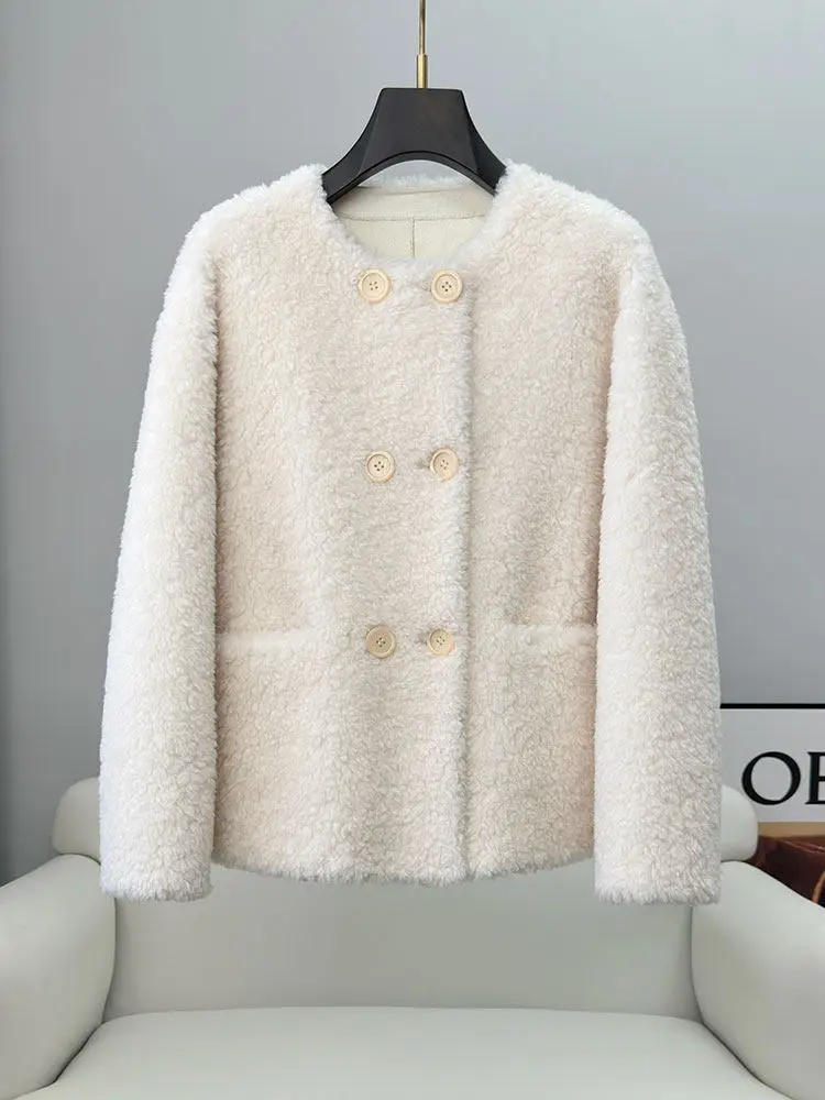 Cappotto doppiopetto in shearling di pelle d'agnello da donna, inverno 2025 nuovo stile Pelliccia girocollo in pelliccia stile corto monopezzo