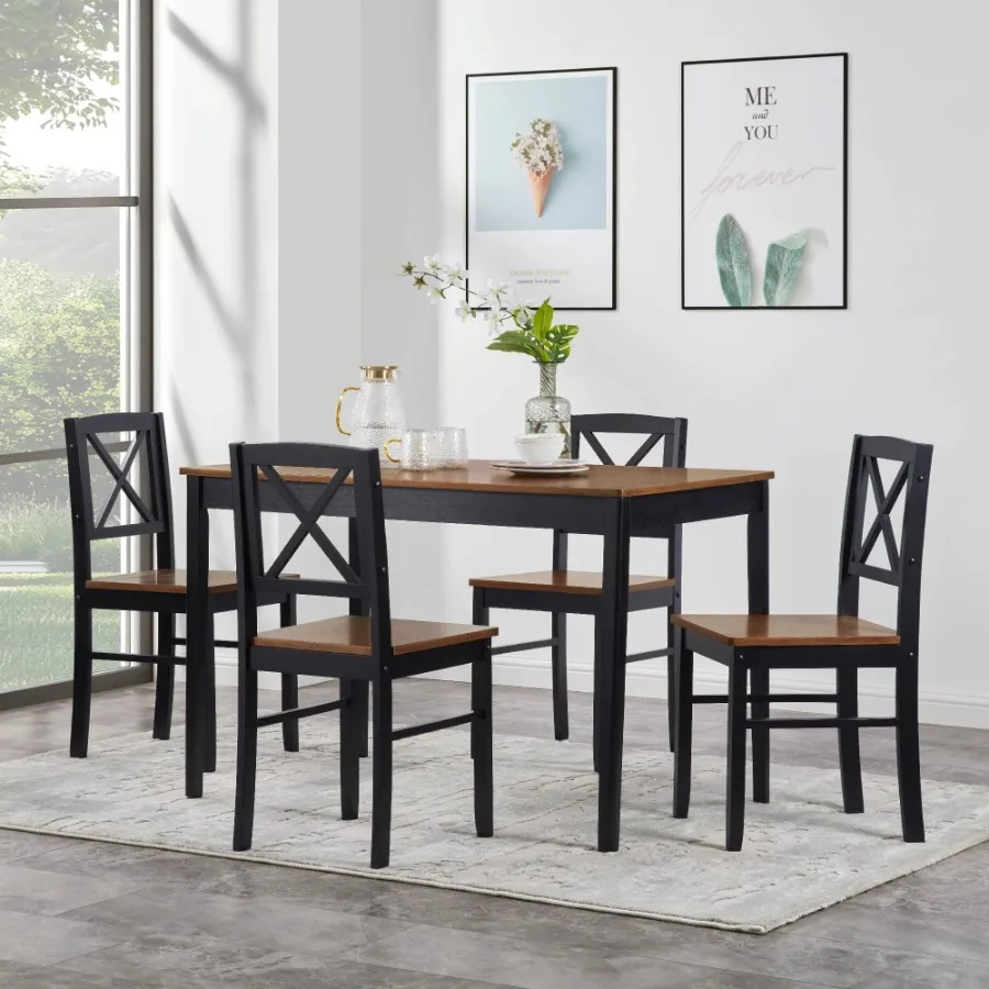 

Eco-Friendly Solid Wood Dining Set - Sustainable Home & Restaurant Furniture with Black Metal Accents, Dark Brown