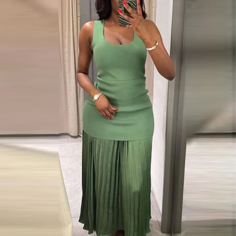 HXAO Knitted Long Dresses Woman 2025 Sleeveless Pleated Green Maxi Dress Summer Patchwork Vest Elegant Dresses For Women