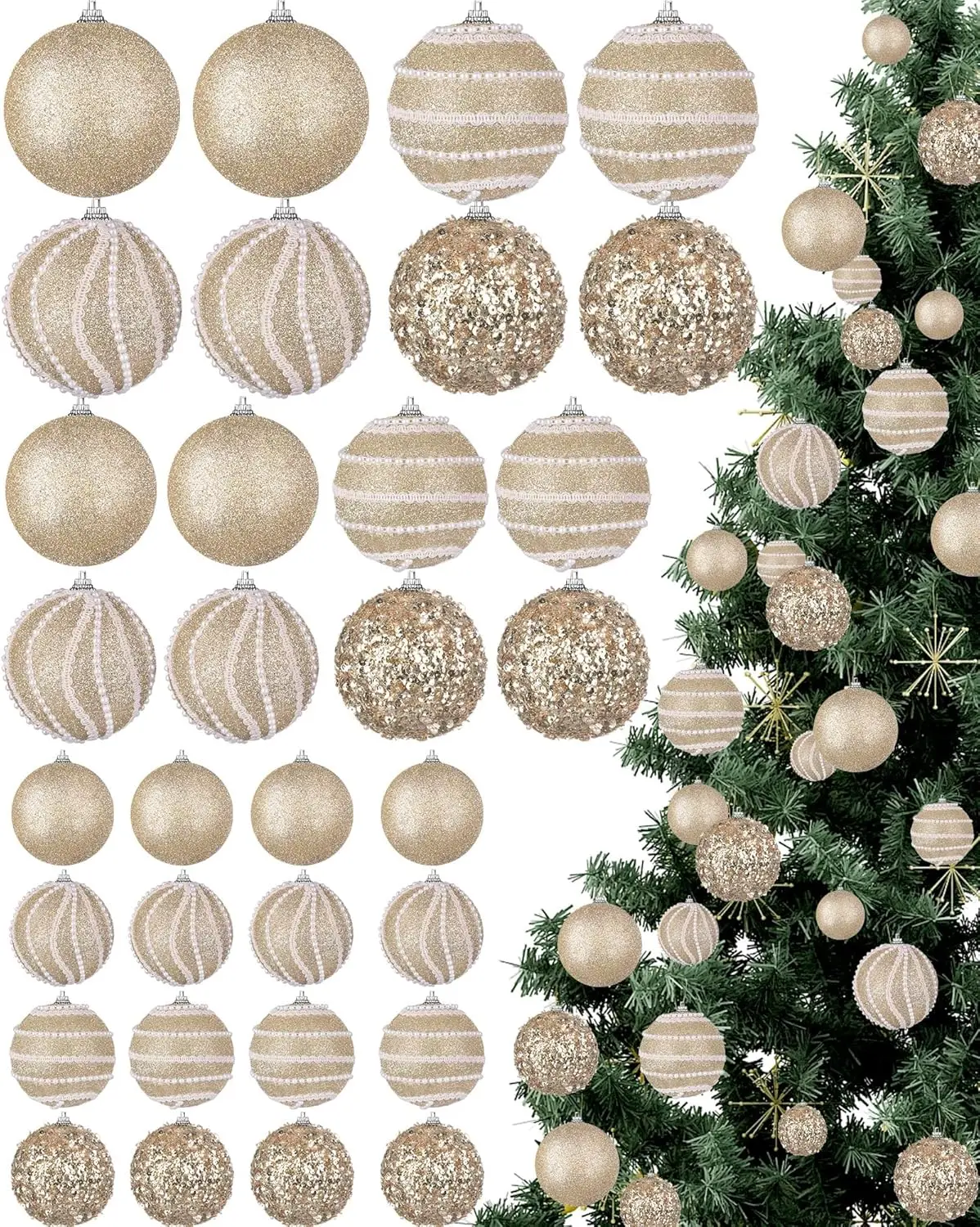 

32 шт. рождественские подвесные шары — блестящие жемчужные и блестящие украшения в 3 размерах для елки, венка, гирлянды (золото шампанского)