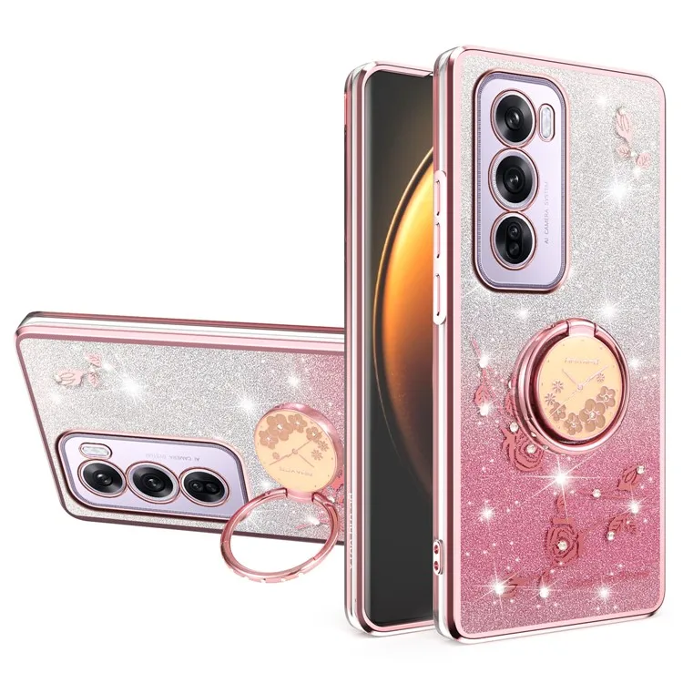 

KADEM For Oppo Reno12 Pro 5G (Global) Case Ring Kickstand TPU Flowers Phone Cover Gradient Glitter - Rose Gold