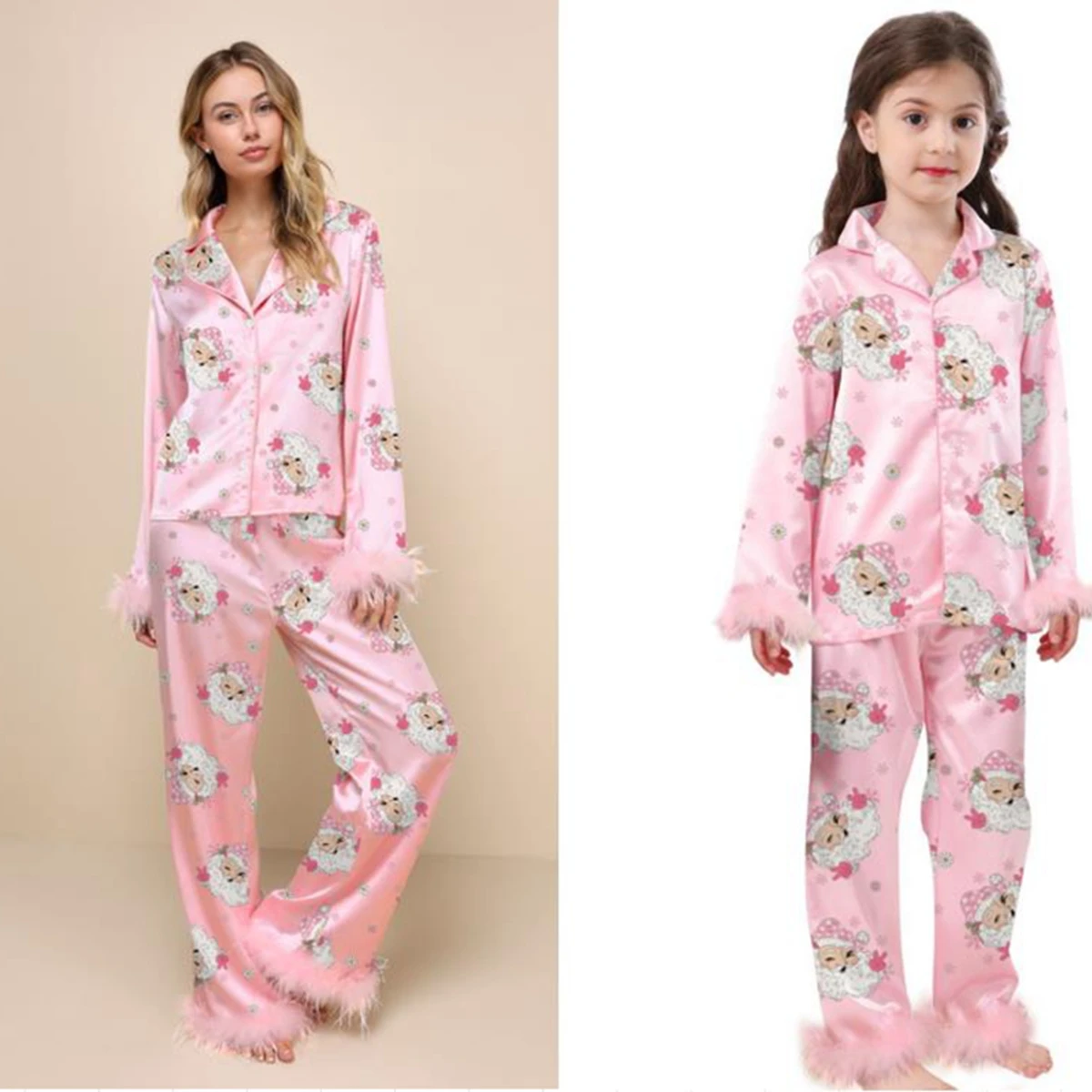 Mommy and Me Christmas Pajama Set Santa Claus Print Feather Fuzzy Trim Cuff Long Sleeve Tops and Pants Holiday Sleepwear Outfits