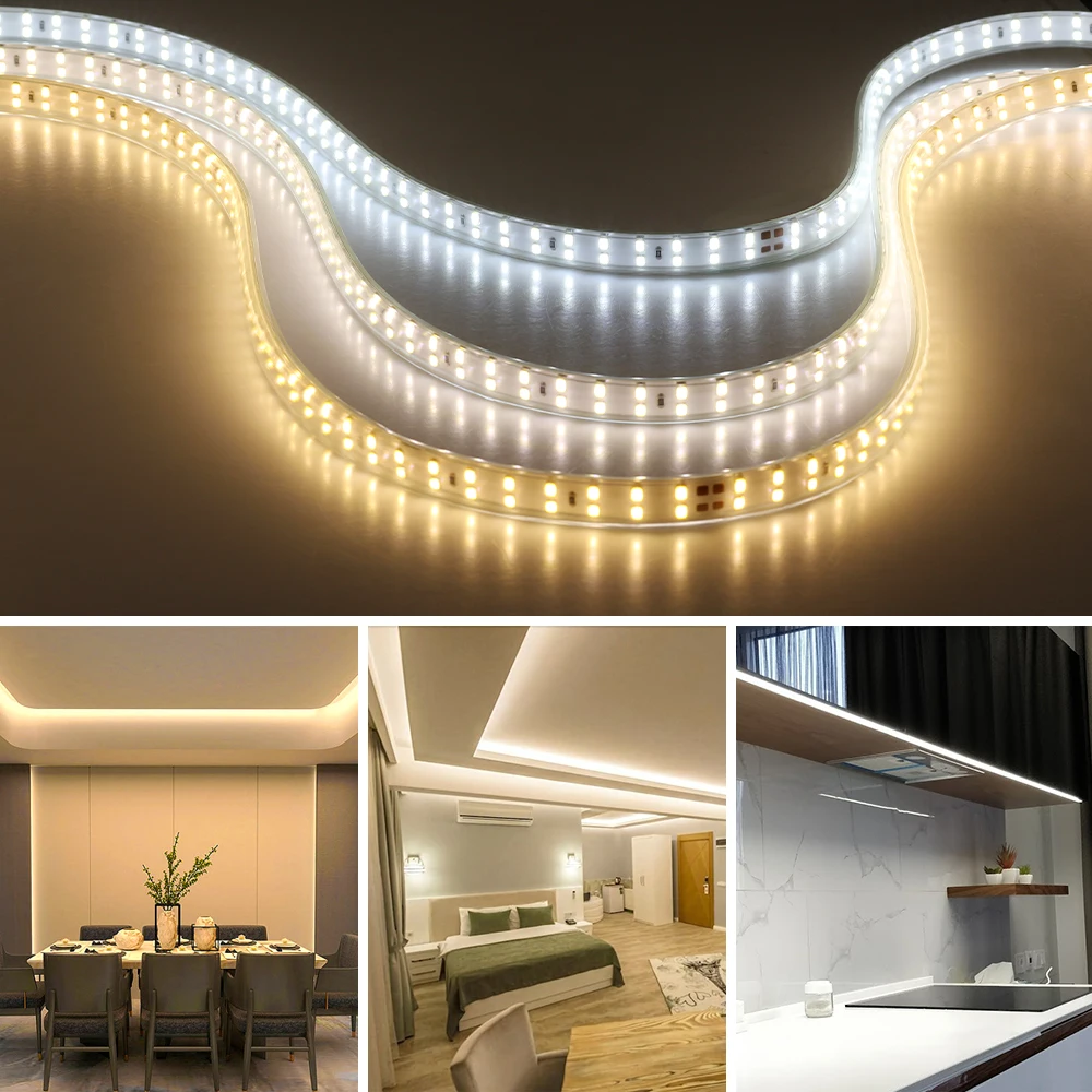 Tira de LED de 220 V, 2835 de alta seguridad, alto brillo, 120 ledes/m, luz LED Flexible, tira de luz LED impermeable para exteriores.