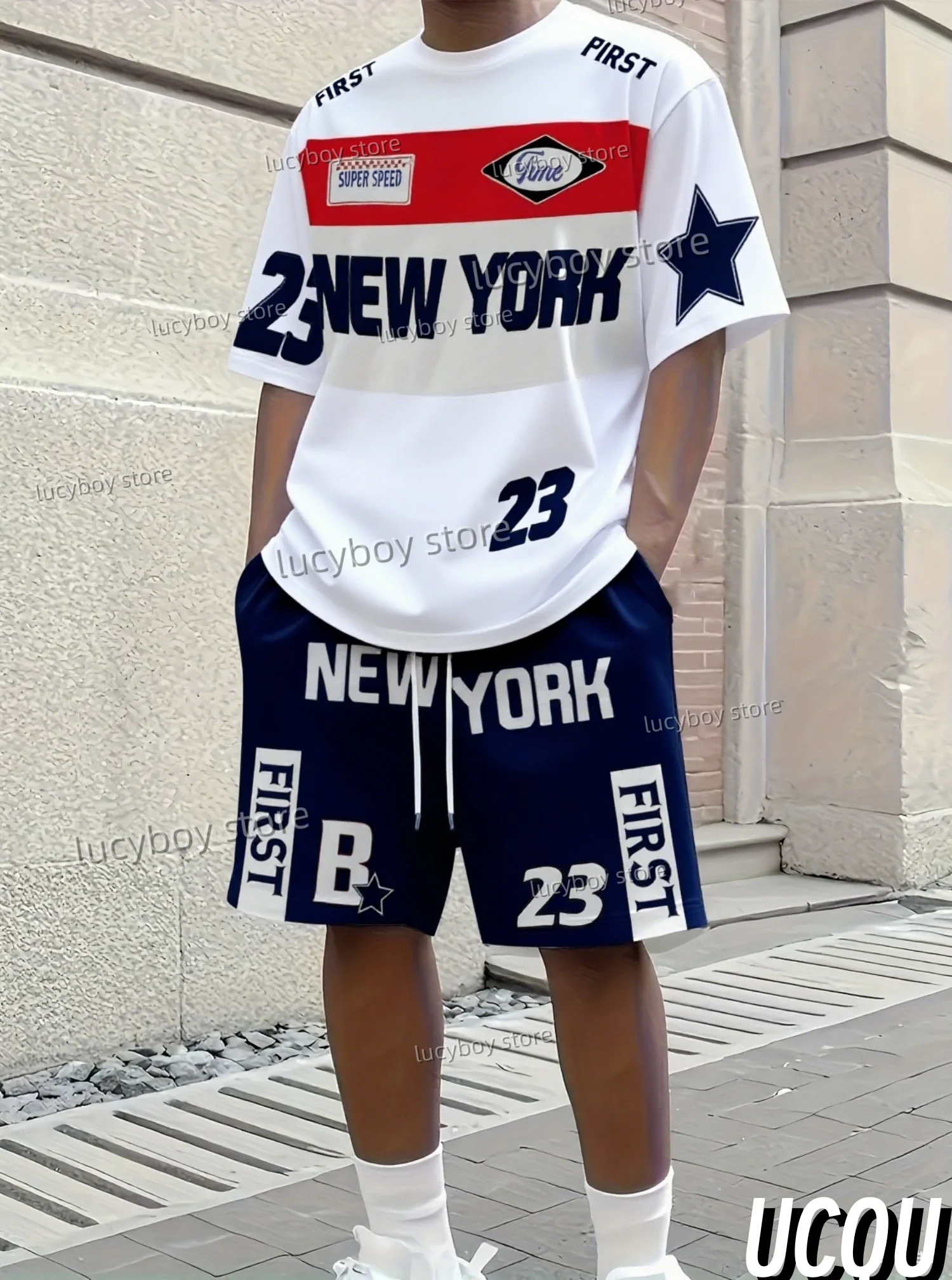 

2025 Men NEW YORK NO.23 Print Color block Short Sleeve T-Shirt Shorts Set Adult Sport Jogging Plus Size Tracksuit 2 Piece Set
