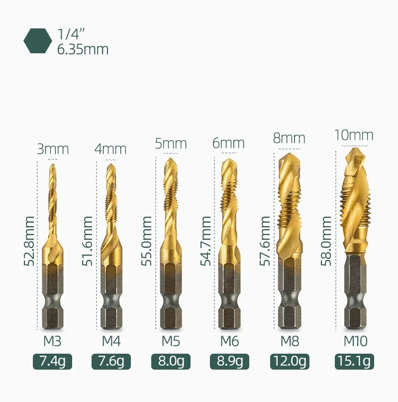 Drilling and tapping Tap Drill Titanium Plated Hex Shank HSS Screw Machine Compound Hand Tools Metric Thread Tap Drill Bits Set